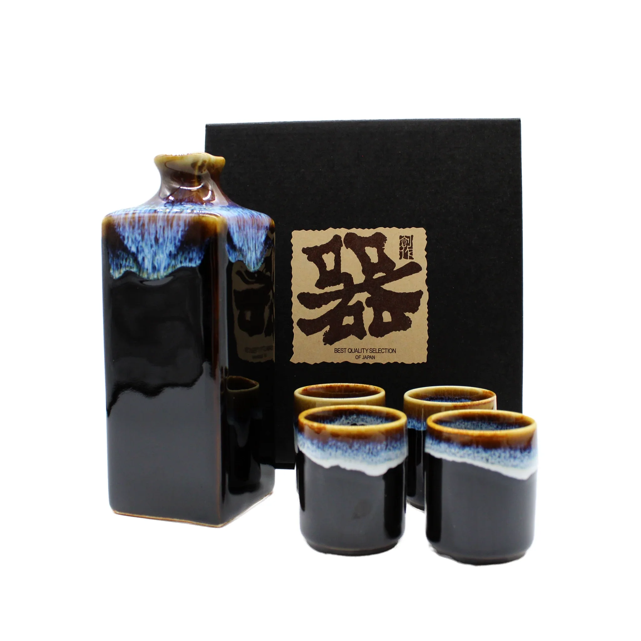Sake Gift Set For Four - Dark Brown & Blue Line