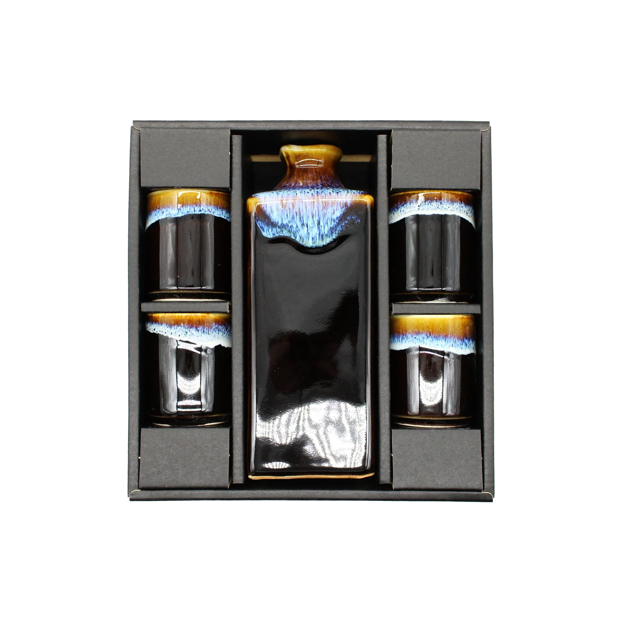 Sake Gift Set For Four - Dark Brown & Blue Line - Image 2